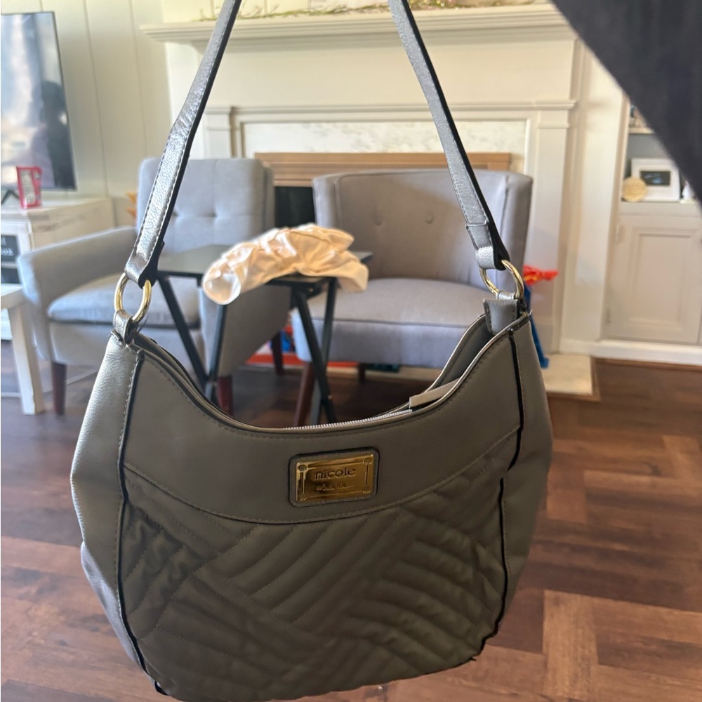 Nicole Miller Quilted Olive Shoulder Bag with Gold Plate